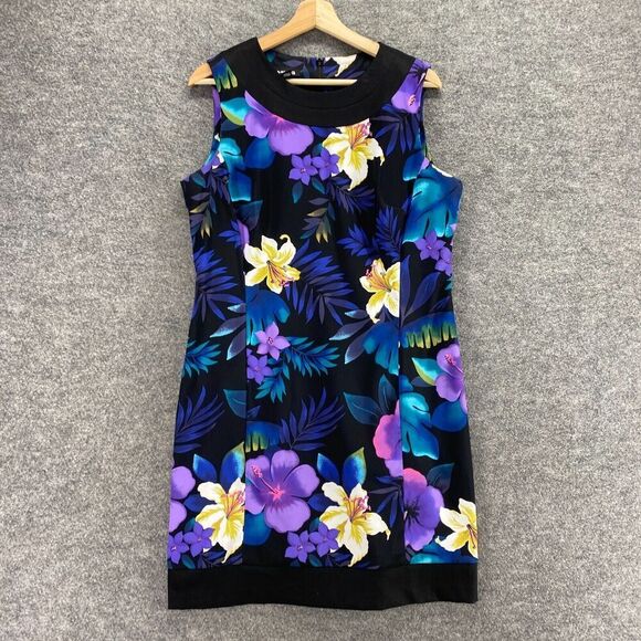B Works Dress Women 14 Black Floral Sheath Short Zipper Sleeveless Crew Neck - Picture 3 of 9